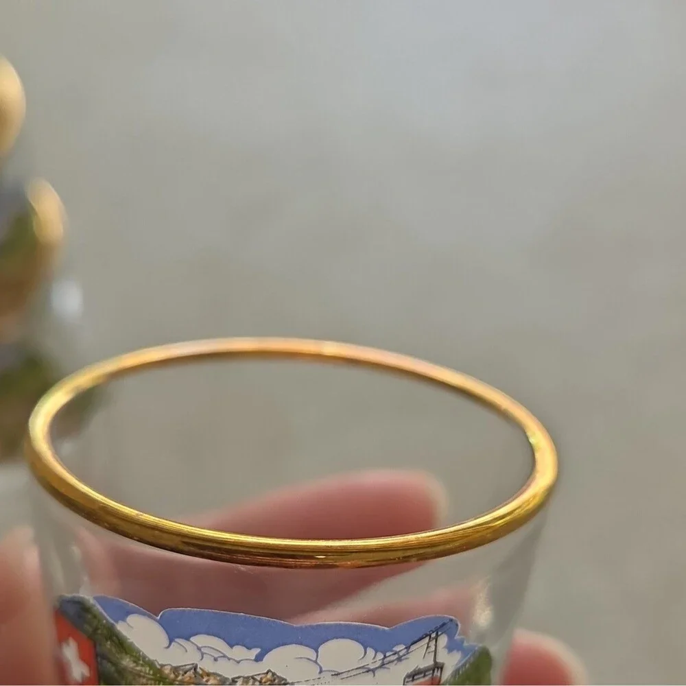 Set of 4 Glass Shot Glasses Clear Gold Rim Scenic Painted Travel Souvenir